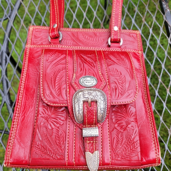 Vintage Women's Western Red Hand Tooled Leather Purse Bag - Picture 2 of 15